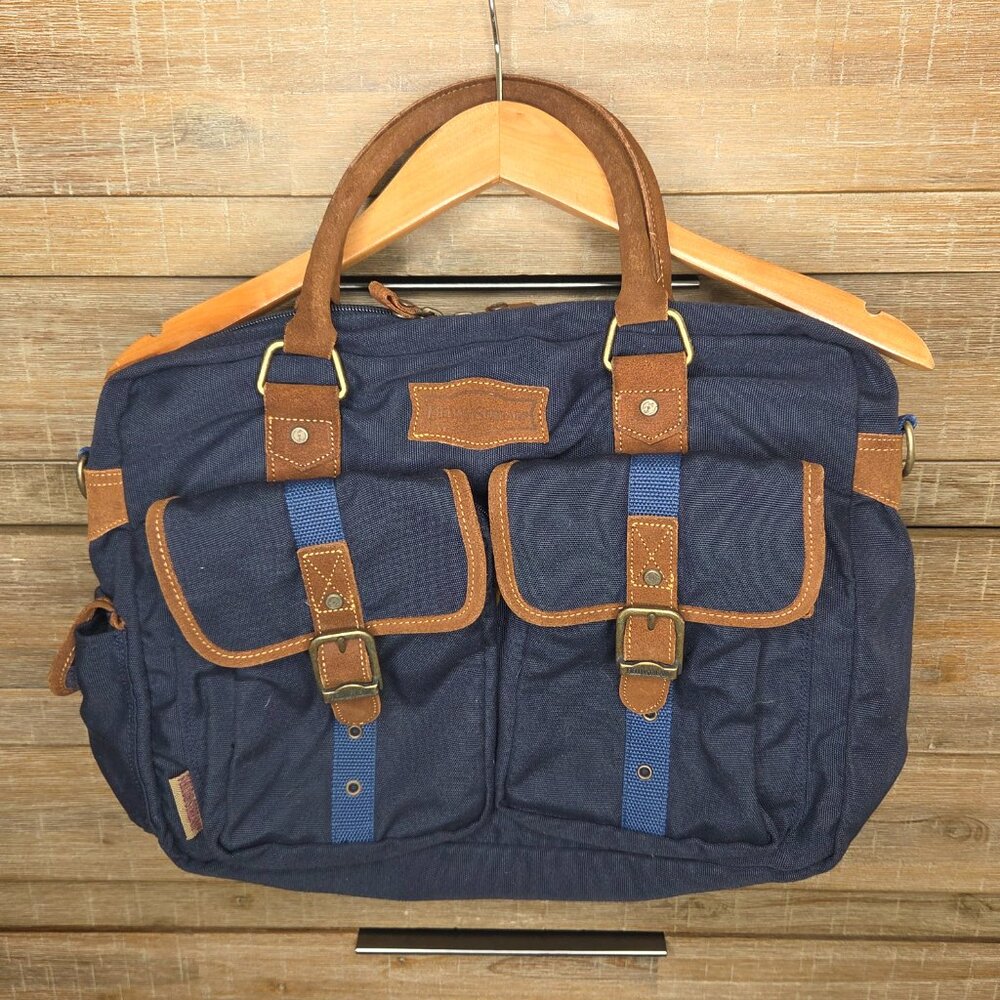 Field & Stream Blue Canvas Brown Leather Travel Laptop Messenger Briefcase Bag